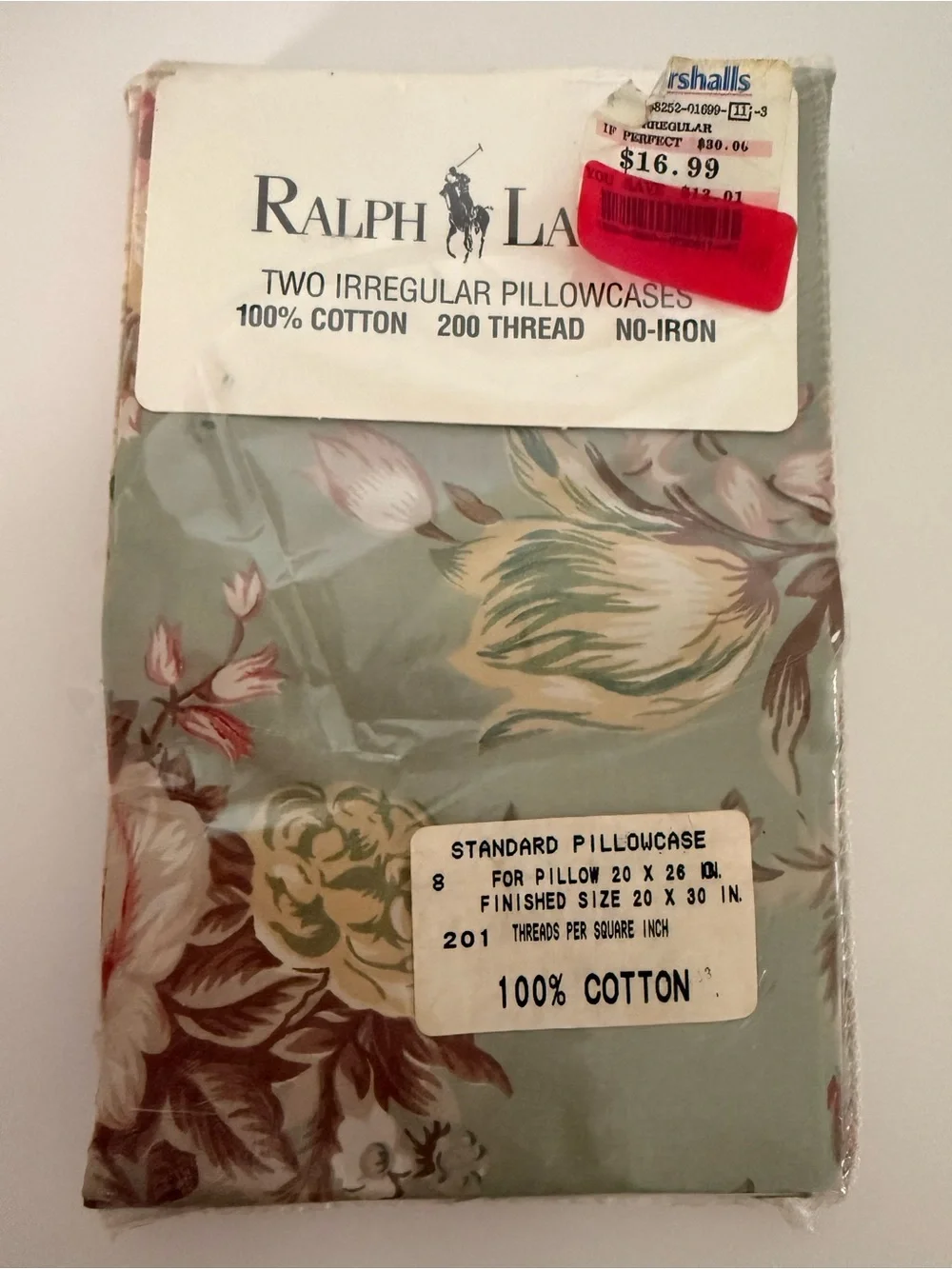 Ralph Lauren Floral Cotton Pillowcase Set - Sage Green & Cream Charlotte print